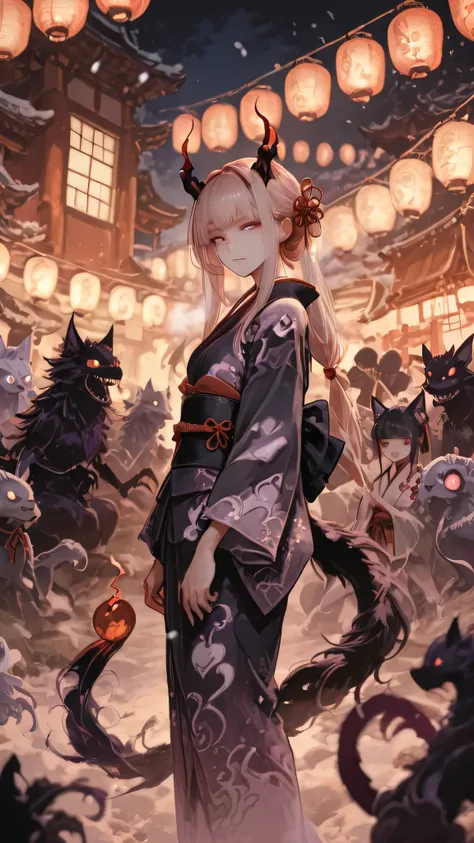 Highest Quality, Super Detailed, 8K Wallpaper, Procession of Yokai , Night town in the Edo period, red lantern light, Snow Maiden, Zashiki Warashi, Demon woman, Ushiki, Nurarihyon, Ghost cat, The Bewitching Fox , Old Torches, The heat of a summer night, wi...