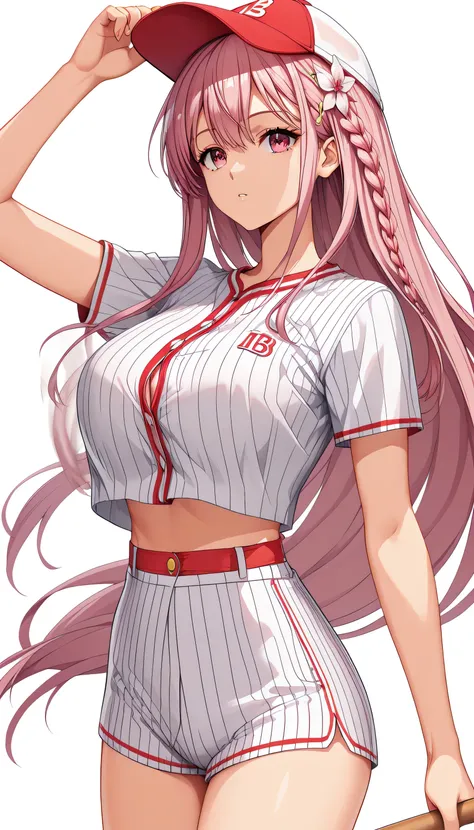 Professional baseball player ，woman，mkhekaren，CG Art，pure, concept art , Lofi Art style，, Lofi Art, beautiful anime scene, Anime Landscape, big breasts in okunai,Bouncing Breasts, pink hair, solo, long hair, hair intakes, braid, hair flower, pink eyes,