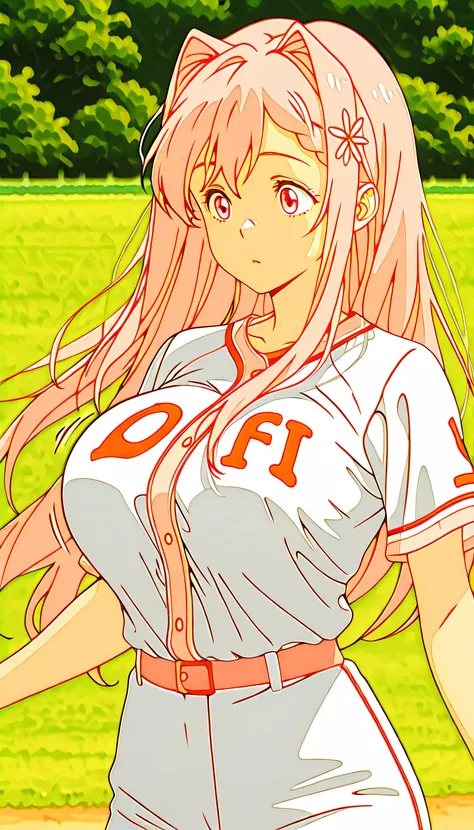 Professional baseball player ，woman，mkhekaren，CG Art，pure, concept art , Lofi Art style，, Lofi Art, beautiful anime scene, Anime Landscape, big breasts in okunai,Bouncing Breasts, pink hair, solo, long hair, hair intakes, braid, hair flower, pink eyes,