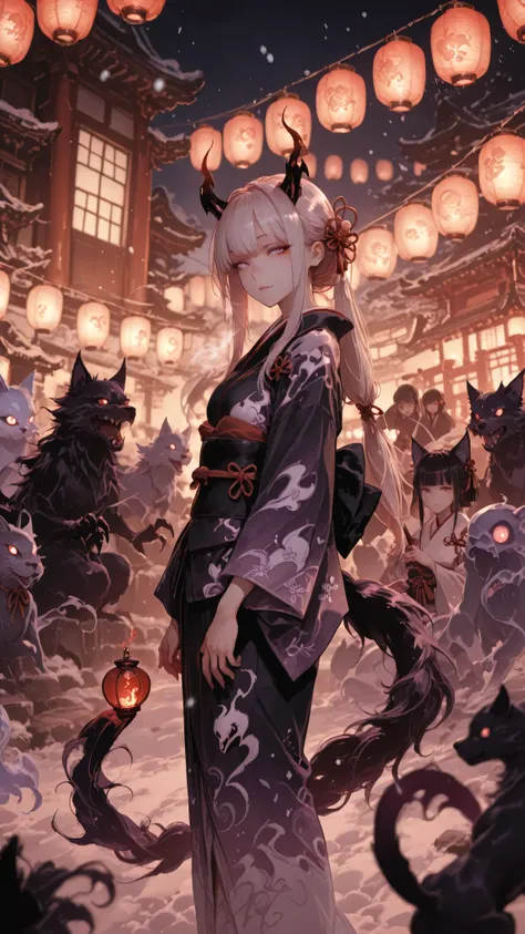 Highest Quality, Super Detailed, 8K Wallpaper, Procession of Yokai , Night town in the Edo period, red lantern light, Snow Maiden, Zashiki Warashi, Demon woman, Ushiki, Nurarihyon, Ghost cat, The Bewitching Fox , Old Torches, The heat of a summer night, wi...