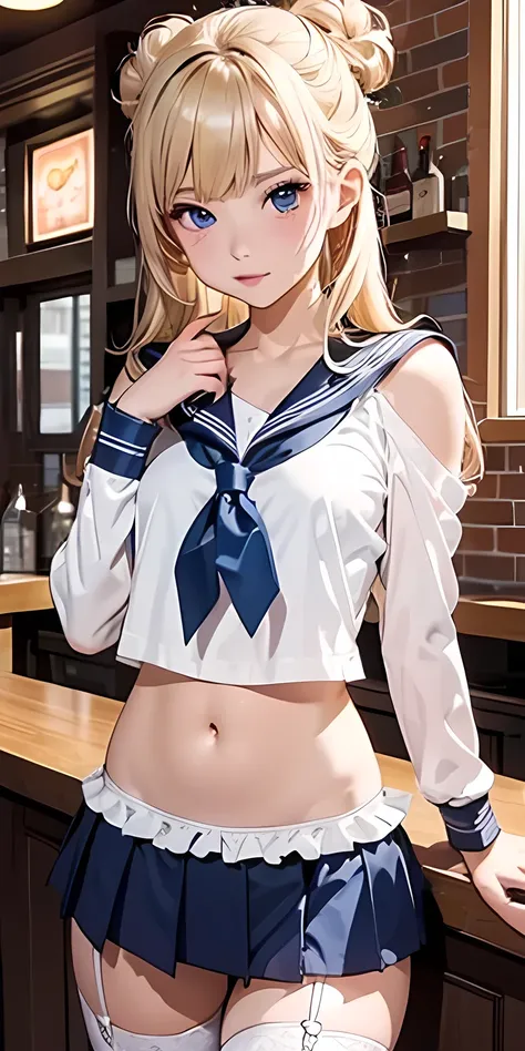 Notice the、belly button、shoulder、troubled expression、small breasts naked、thin body、（Low rise ultra mini bikini with high school girl uniform design :1.4） 、（Pink and White Frills :1.2）、Notice the black garter belt 、long sleeves with frills、blue eyes 、Blonde...