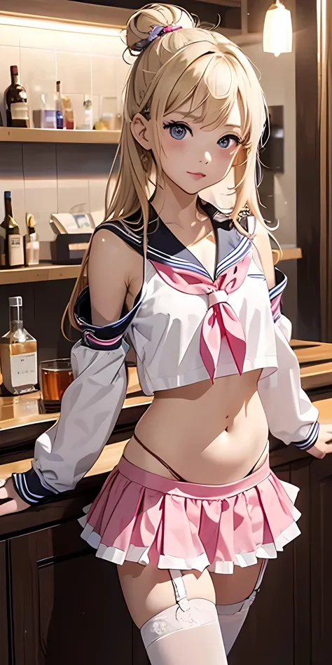 Notice the、belly button、shoulder、troubled expression、small breasts naked、thin body、（Low rise ultra mini bikini with high school girl uniform design :1.4） 、（Pink and White Frills :1.2）、black garter belt standing in a cheerful pose 、long sleeves with frills、...