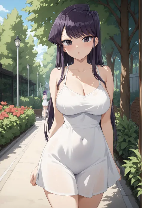 large breast,medium hips,long purple hair,sundress,blush,Komi Shouko, ,outdoor,bluesky