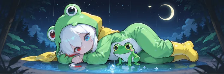 Melys Chibi, masterpiece, best quality, ultra-detailed:1.3, chibi style, 1girl, solo, pure white hair with soft gradient red tips, heterochromia crimson red right eye:1.3 and ice blue left eye:1.3, fair skin, wearing bright green frog onesie with yellow ca...