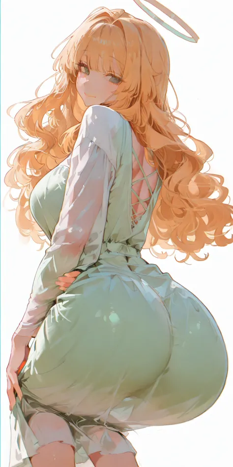 masterpiece, Best Quality, great quality,great details,8K,beautiful body ratio, solo,girl, front tilt, simple white background, droopy eyes, bright smile, angel like gentle motherly eyes, bright blonde hair, wavy long hair, bangs, green eyes, long hair,big...