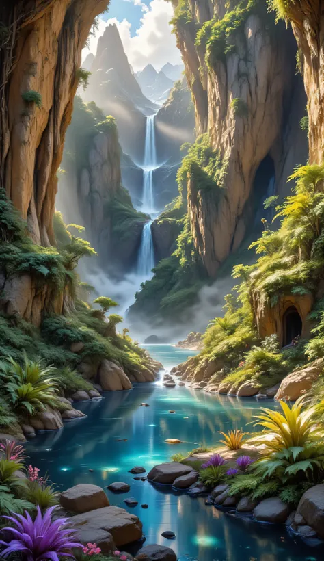 A secret canyon lagoon hidden deep within a high-altitude mountain range, accessible only through a narrow winding stone passage partially veiled by morning mist. Towering cliffs on either side are carved with natural amphitheater-like formations, streaked...