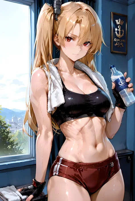 masterpiece, best quality, very aesthetic, 748cmstyle, absurdres, 1girl, solo, source_anime, cleveland (azur lane), red eyes, long blonde hair, side ponytail, hair ornament
Medium breasts, cute tomboy, beautiful girl, toned body, slim body , hips, black_s...