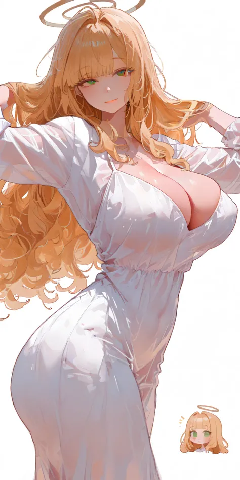 masterpiece, Best Quality, great quality,great details,8K,beautiful body ratio, solo,girl, front tilt, simple white background, cleavage, massive breasts, bright smile, angel like gentle motherly eyes, bright blonde hair, wavy long hair, bangs, green eyes,...