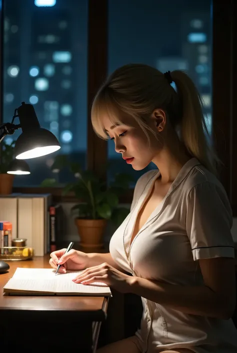 Side view, from side.
A girl studying at her desk.
A very beautiful Japanese woman with a platinum blonde low ponytail.
Glamorous body, medium breasts.
Wearing pajamas, sitting on a chair.
Dark study room, desk lamp stand, night view outside the window.
Be...