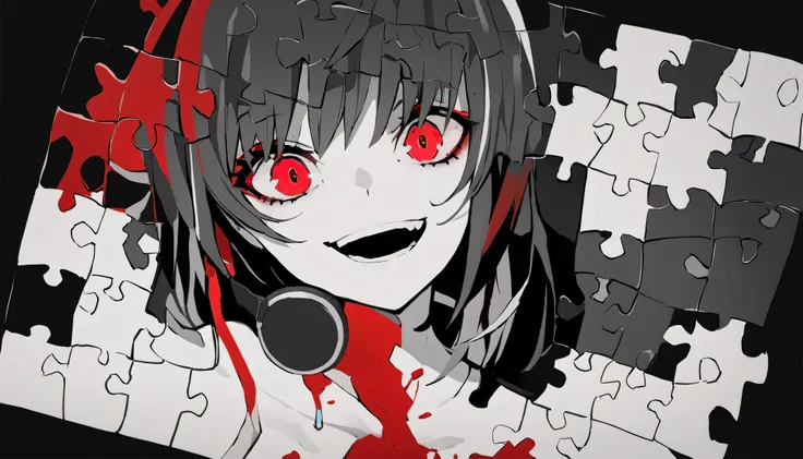 ((Background、jigsaw puzzle、Red Blood))、masterpiece, Highest Quality, ((1 girl:The arrangement is centered)),((Background、jigsaw puzzle、Red Blood))、Spikes, ((solo)), headphones , Crazy smile, , spiked Color, Illness、monochrome, 色つきのheadphones around neck,y...