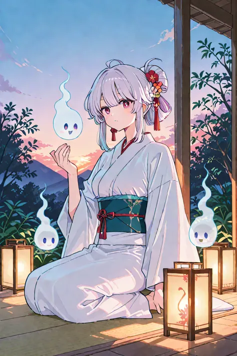 Hyakki Yagyagyayo、female ghost in kimono led、20th Generation、floating ghost、look at me provocative gaze、Path with lanterns、at dusk