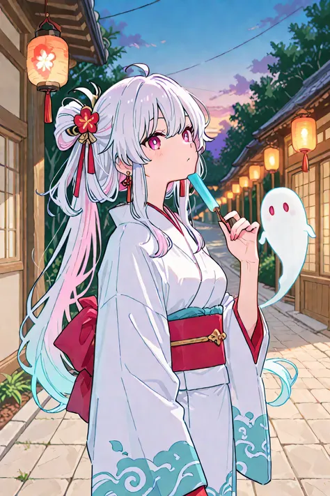 Hyakki Yagyagyayo、female ghost in kimono led、20th Generation、floating ghost、look at me provocative gaze、Path with lanterns、at dusk