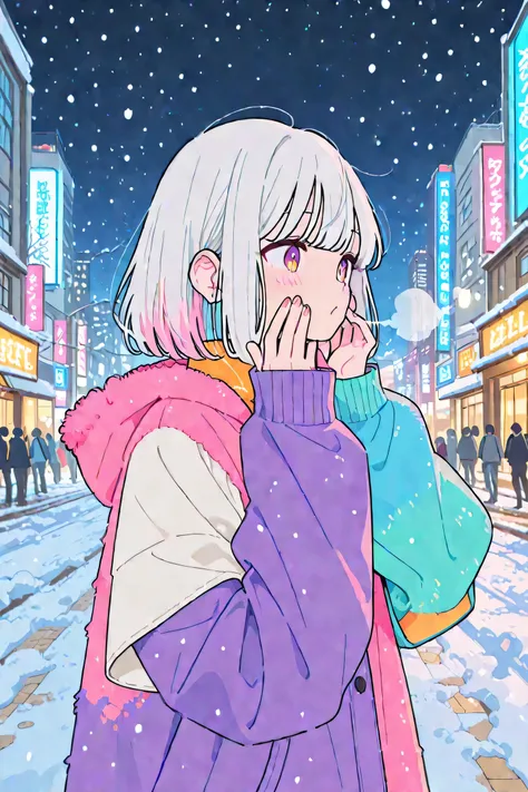 Emphasizing cute sleeves、Teenage Girls、Snowing city background(Outdoors)、Poses to hide your face with Moe Sleeves、 and lift your upper body、exhaling white breath、fuzzy clothes