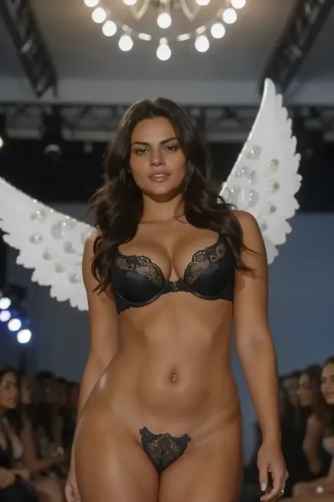 a sexy, semi-curvy, woman in a c string and bra , Victoria's secret angel wings , posing on a fashion show, huge audience in the background, 4k, ultra-detailed, photorealistic, cinematic lighting, beautiful,elegant,alluring,captivating,dynamic pose,flawles...