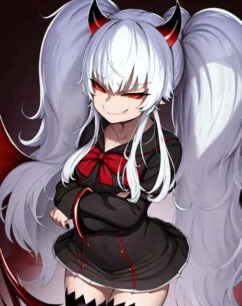 1girl,solo,Grimm aloe,Demon Horn, black_dress,standing,,Devil's Wings,Single Blade,,One Blade,,Dark Ambient Background,,blackいセーラー服,messugaki,(evil smug:1.5),thighhigh socks,