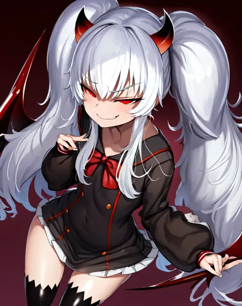 1girl,solo,Grimm aloe,Demon Horn, black_dress,standing,,Devil's Wings,Single Blade,,One Blade,,Dark Ambient Background,,blackいセーラー服,messugaki,(evil smug:1.5),thighhigh socks,masterprice,perfect quolity,best quolity,amezing quolity,
