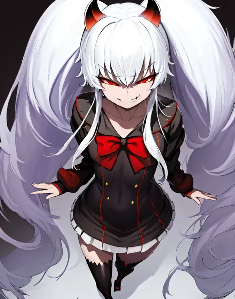 1girl,solo,Grimm aloe,Demon Horn, black_dress,standing,,Devil's Wings,Single Blade,,One Blade,,Dark Ambient Background,,blackいセーラー服,messugaki,(evil smug:1.5),thighhigh socks,masterprice,perfect quolity,best quolity,amezing quolity,