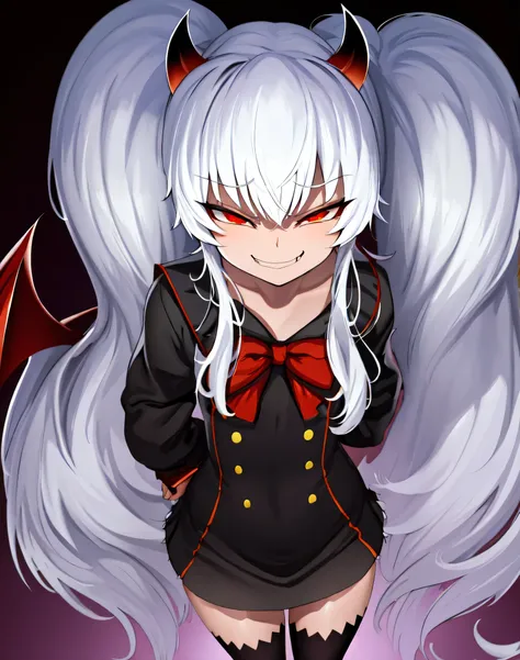 1girl,solo,Grimm aloe,Demon Horn, black_dress,standing,,Devil's Wings,Single Blade,,One Blade,,Dark Ambient Background,,blackいセーラー服,messugaki,(evil smug:1.5),thighhigh socks,masterprice,perfect quolity,best quolity,amezing quolity,