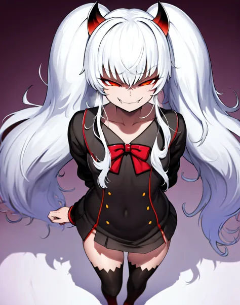 1girl,solo,Grimm aloe,Demon Horn, black_dress,standing,,Devil's Wings,Single Blade,,One Blade,,Dark Ambient Background,,blackいセーラー服,messugaki,(evil smug:1.5),thighhigh socks,masterprice,perfect quolity,best quolity,amezing quolity,