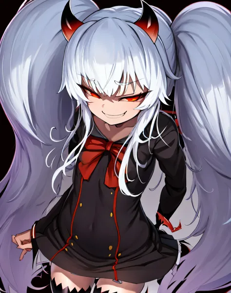 1girl,solo,Grimm aloe,Demon Horn, black_dress,standing,,Devil's Wings,Single Blade,,One Blade,,Dark Ambient Background,,blackいセーラー服,messugaki,(evil smug:1.5),thighhigh socks,masterprice,perfect quolity,best quolity,amezing quolity,