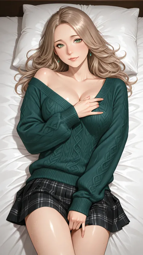 A milf woman with light brown hair and green eyes lying on a bed. She wears a cream-colored, oversized sweater that is partially pulled up to reveal her chest, and a dark green and black plaid skirt. Her expression is playful and inviting, with a slight sm...