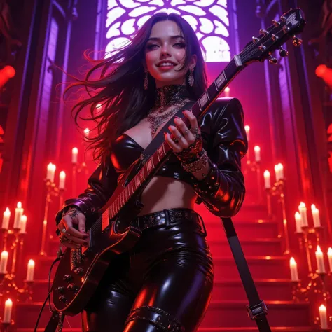 A stunning modern woman playing an electric guitar on a gothic concert stage, medium shot, realistic photo style, wearing tight black leather outfit with metallic details, soft studio lighting mixed with red and purple stage lights, beautiful sensual pose,...