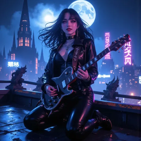 Beautiful woman guitarist on a gothic rooftop at night, half-body portrait, realistic photo, wearing stylish black leather jacket and pants, moonlight reflecting on her outfit, holding an electric guitar with silver details, sensual pose with a captivating...