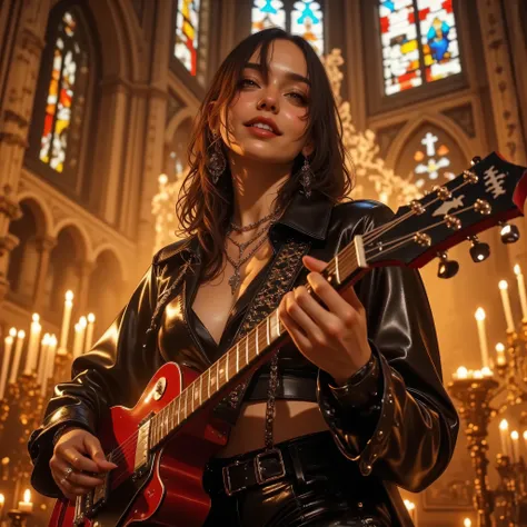Charming woman in modern leather attire performing with her guitar inside a gothic cathedral, medium shot, photorealistic lighting, stained glass reflections casting colorful patterns on her skin, elegant sensual pose, confident smile, eyes detailed with p...