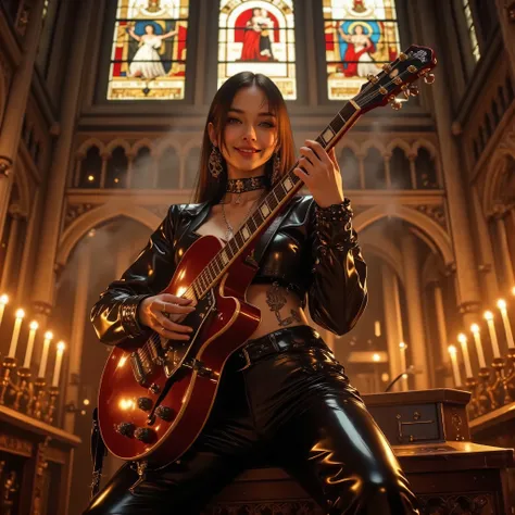 Charming woman in modern leather attire performing with her guitar inside a gothic cathedral, medium shot, photorealistic lighting, stained glass reflections casting colorful patterns on her skin, elegant sensual pose, confident smile, eyes detailed with p...