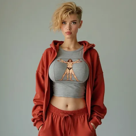 A realistic, high resolution photograph of a tall, beautiful woman in her 20's; full body frontal view facing the camera with her arms at her side, looking at the camera. There is extra space in the photo above her head. She has an athletic, muscular, hour...