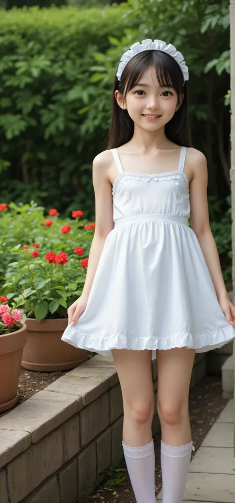 (1 cute young girl)、maids,Look at the audience,(skinny:1.5),(younger:1.5),(Toddler_body:1.5),(braids:0.3),(Bang Hair:0.3),(twin tails:0.3),(ponytails lined up in profile:0.3),(long hair:0.3),(big boobs:0.92),in black lace stockings,lean forward,japanese,(s...