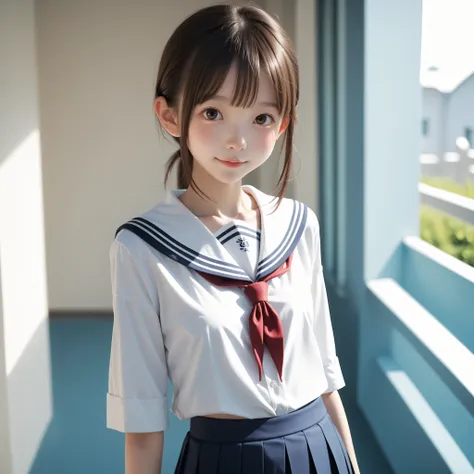 ( white skin:1.3),cute girl,かわいいyounger女の子,slender,short,slender,thin body,(younger:1.2),かわいいyounger女の子 opening without permission,cute face,(skinny:1.5),score_7_up,score_8_up,score_9,realistic,is a girl who goes to school,school uniform with crepes in han...
