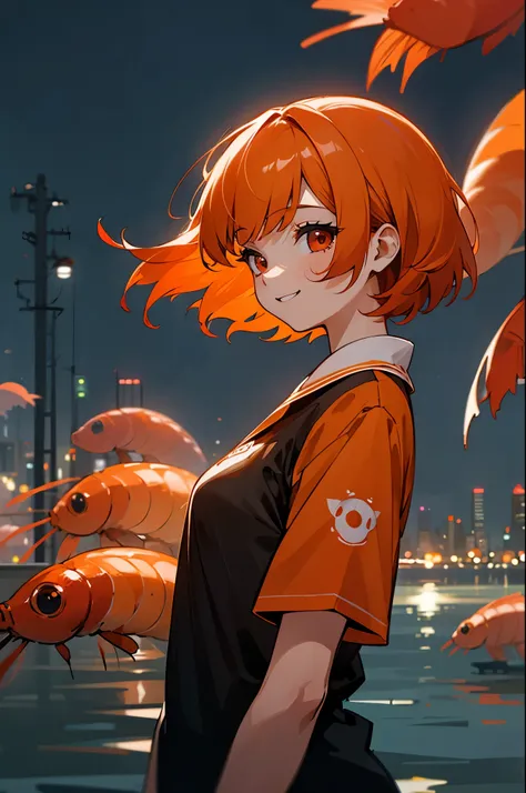 one woman、solo、orange hair、bob hair、round red eyes、big smiles、walk at night、From the side、Orange Clothes、black inner shirt、Upper Body Closeup、There are many shrimp families around her、Late night city background