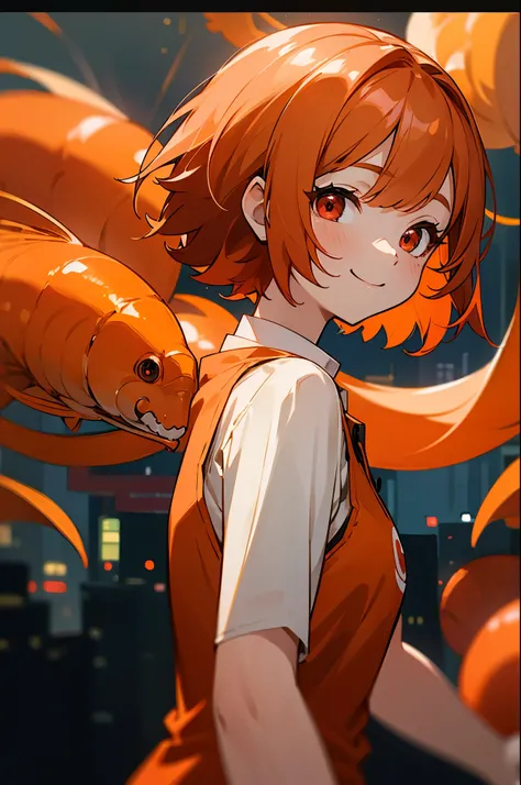 one woman、solo、orange hair、bob hair、round red eyes、big smiles、walk at night、From the side、Orange Clothes、black inner shirt、Upper Body Closeup、There are many shrimp families around her、Late night city background