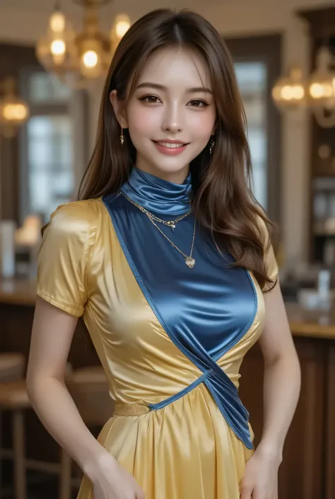 An attractive 40-year-old Japanese woman、cowboy shot 、Confident standing figure、Ink blue and butter yellow ombré effect silk dress、High neck and mock turtle design、Refined cut that fully covers the chest while giving a sense of rich curves、Hourglass shape ...