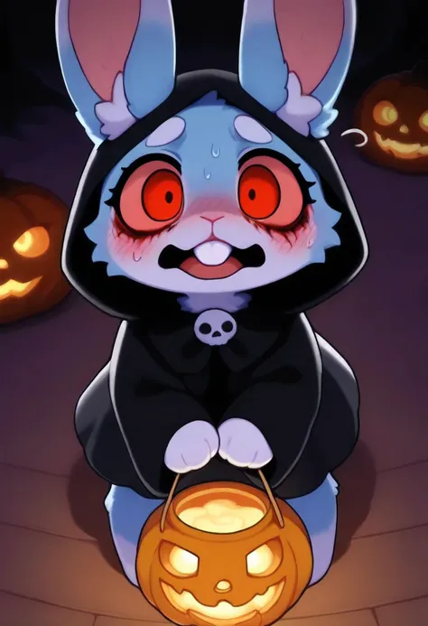 [Halloween-Theme] [🐰KuroRabbi] [Toony] [Model-Test], masterpiece, ultra-detailed, 4K render, Halloween night, warm cozy candlelight, glowing jack-o-lanterns, wooden floor, spooky but cute indoor setting, solo, girl, KuroRabbi, chibi style, anime illustrati...