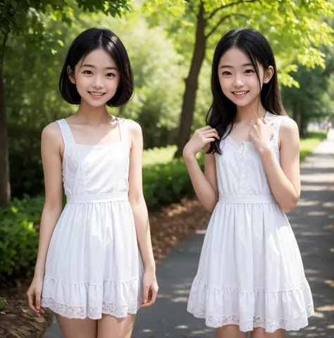 2 cute girls,((Highest Quality)),was photographed in the park,((Photo Quality)),(Slim:1.5),(detail),Tiny Chest,Narrow Shoulder,perfect face,Tank Dress ,ruffle dress,(skinny:1.3),(smile:0.5)