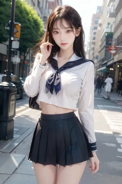 ( Super High Definition), (I'm looking over here), (school uniform:1.2, sailor suit, flared skirt), (Big Breasts:1.2), (Slimness:1.8), ( Read more:1.4), (thin thighs:1.4), ( thin hips:1.6), ( beautiful skin, shiny skin, white skin), (Super slim face, Sup...