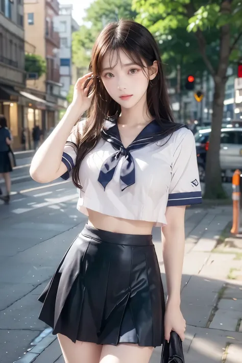 ( Super High Definition), (I'm looking over here), (school uniform:1.2, sailor suit, flared skirt), (Big Breasts:1.2), (Slimness:1.8), ( Read more:1.4), (thin thighs:1.4), ( thin hips:1.6), ( beautiful skin, shiny skin, white skin), (Super slim face, Sup...