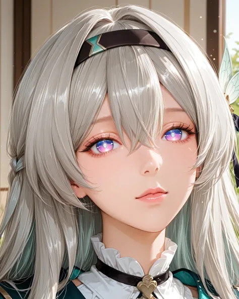 F1reflyHSR, blue pupils, purple eyes, blue eyes, grey hair, multicolored hair, long hair, black hairband, hair ornament,