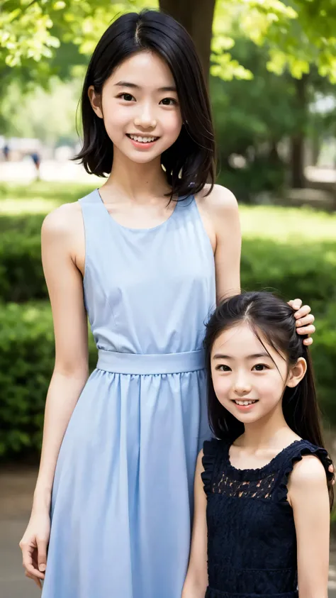 2 cute girls,((Highest Quality)),was photographed in the park,((Photo Quality)),(Slim:1.5),(detail),Tiny Chest,Narrow Shoulder,perfect face,Tank Dress ,ruffle dress,(skinny:1.3),(smile:0.5)