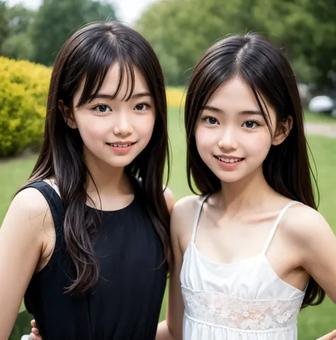 2 cute girls,((Highest Quality)),was photographed in the park,((Photo Quality)),(Slim:1.5),(detail),Tiny Chest,Narrow Shoulder,perfect face,Tank Dress ,ruffle dress,(skinny:1.3),(smile:0.5)