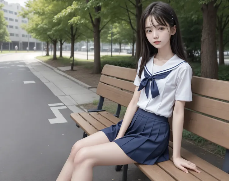 20 years old,cute girl,かわいいyounger女の子,slender,Skinny,short,skinny,slender body,Low body weight,younger,cute hairpins,sailor suit cosplay,navy blue skirt,realistic,sitting on a park bench,small breasted,japanese,Narrow Shoulder,black tights,dark hair