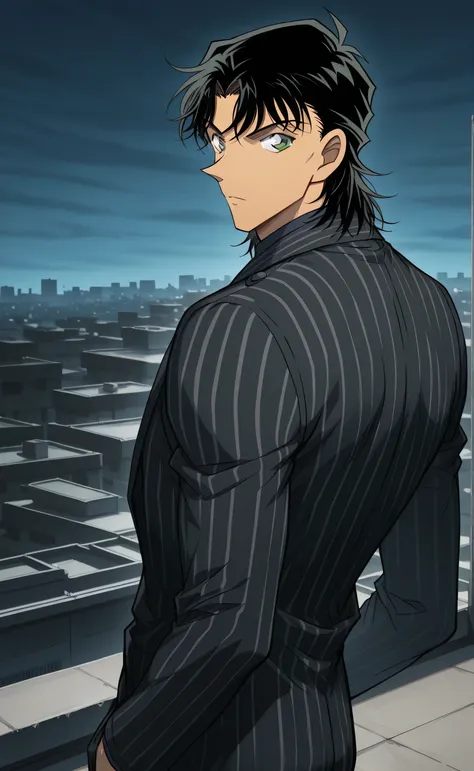1male, solo, Suoh Mikoto, black hair, medium hair, green eyes, grim, black pinstripes suit, muscle, male focus, rooftop, Detective Conan Style