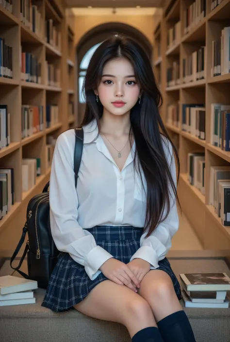 she A chic backpack is placed beside。Perfect 8K HD image quality、(Girl standing in front of room door)、a girl sitting on the stairs in front of the library。looks like an idol、happy and sparkling smile。Designed for an AV actress's package photo.。Her transce...
