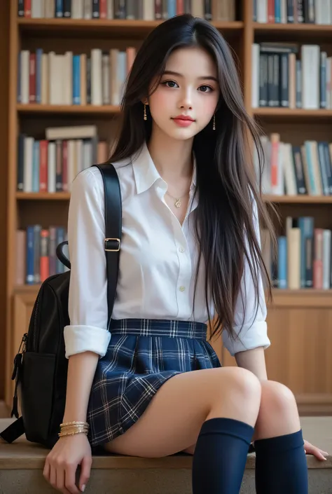 she A chic backpack is placed beside。Perfect 8K HD image quality、(a girl sitting on the stairs in front of the library)、a girl sitting on the stairs in front of the library。looks like an idol、happy and sparkling smile。Designed for an AV actress's package p...