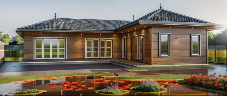 PLATFORM KTHOUSE, 1 industry house,, Many beautiful red flowers along the road:1.1, romantic, The town house is made from white walls, beautyful light, beautyfulday, sunny, lovely youthful feeling :1.2, sunlight at 12 noon, Very beautiful shadows, Garden ...