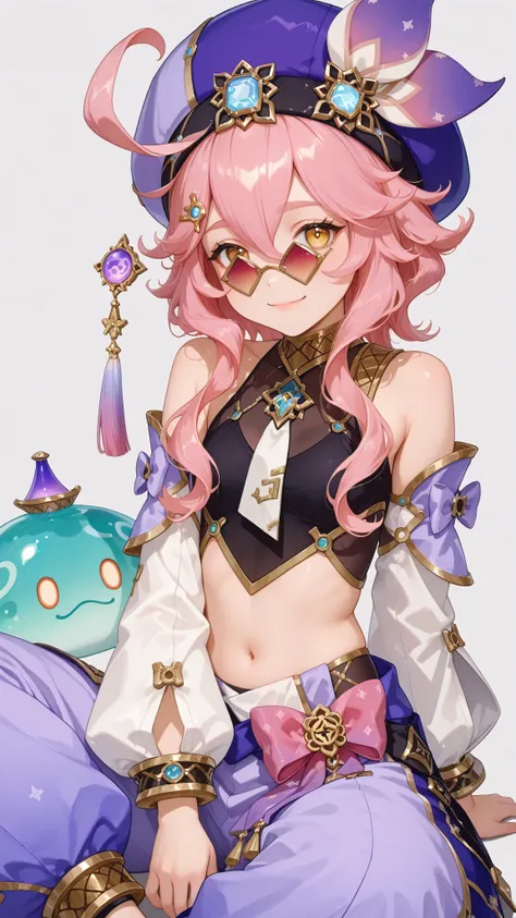 masterpiece, best quality, <lora:dori:1>,1girl,dori \(genshin impact\), slime \(genshin impact\), hat,pink hair,long hair,ahoge,hair ornament,yellow eyes,sunglasses,vision \(genshin impact\),detached sleeves,long sleeves,sleeveless shirt, bare shoulders,c...