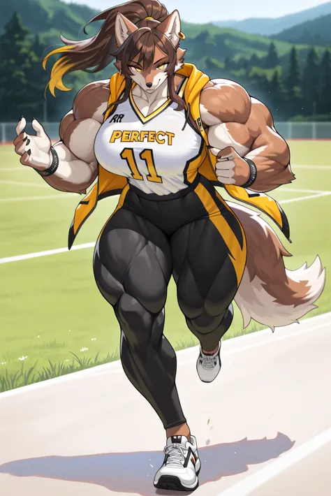 Masterpiece, ultra high quality, ultra high resolution, 1girl, 1furry, 1anthro, furry, furry only, furry ears, earring, anthro, anthro only, female, solo, female Wolf, Tail, Brown fur, Yellow eyes, Brown hair, Yellow tips, Long hair, Ponytail, (detailed be...