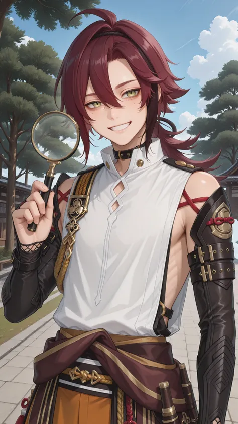 masterpiece, best quality,
Heizou, 1boy, male focus, solo, green eyes, headband, hair between eyes, bangs, ahoge, red hair, black hair, multicolored hair, streaked hair, long hair, ponytail, low ponytail, multiple moles, moles under eyes, japanese clothe...